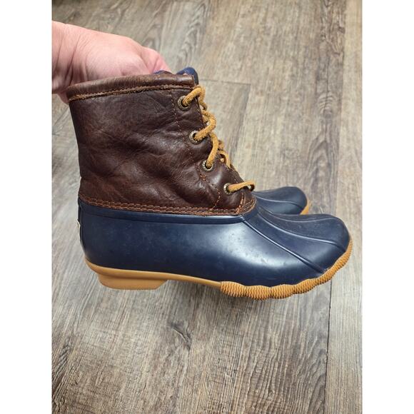Sperry Saltwater 5.5M Brown Leather and Navy Duck Rain Winter Boots STS91175 - Picture 4 of 9